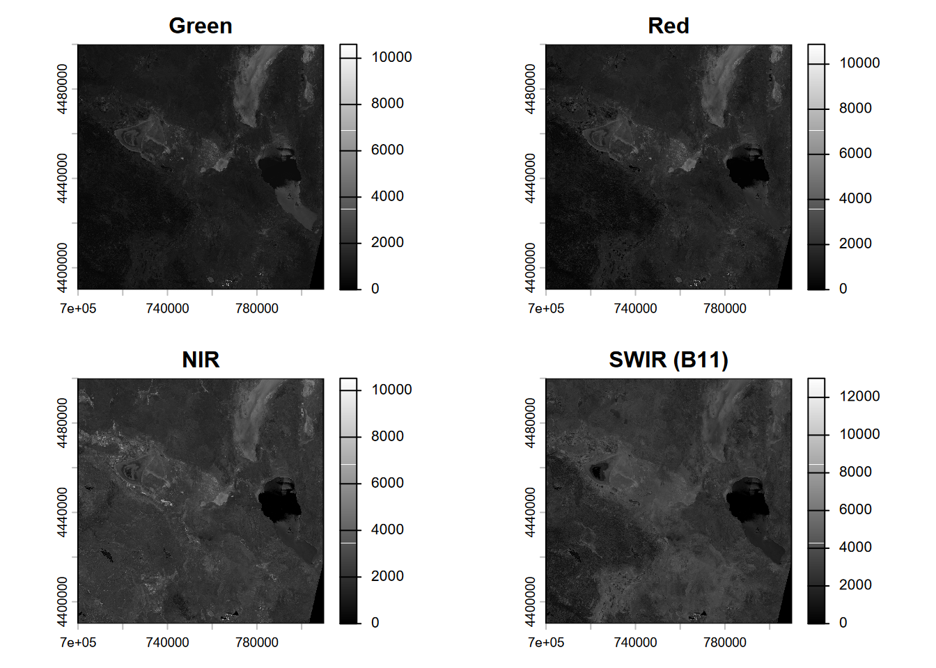 Four bands of a Sentinel-2 scene from 20210628.