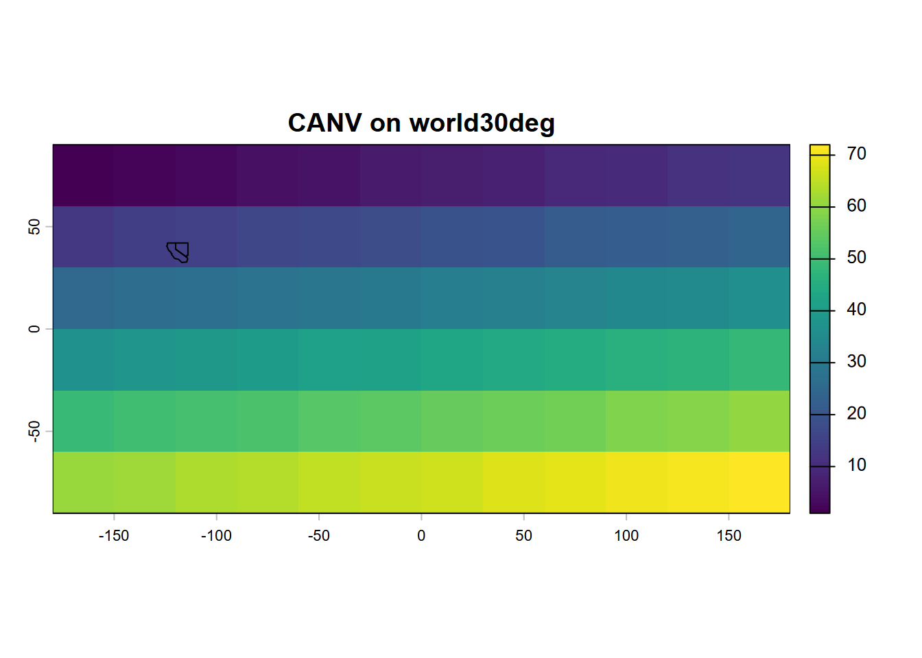 Simple plot of a worldwide SpatRaster of 30-degree cells, with SpatVector of CA and NV added