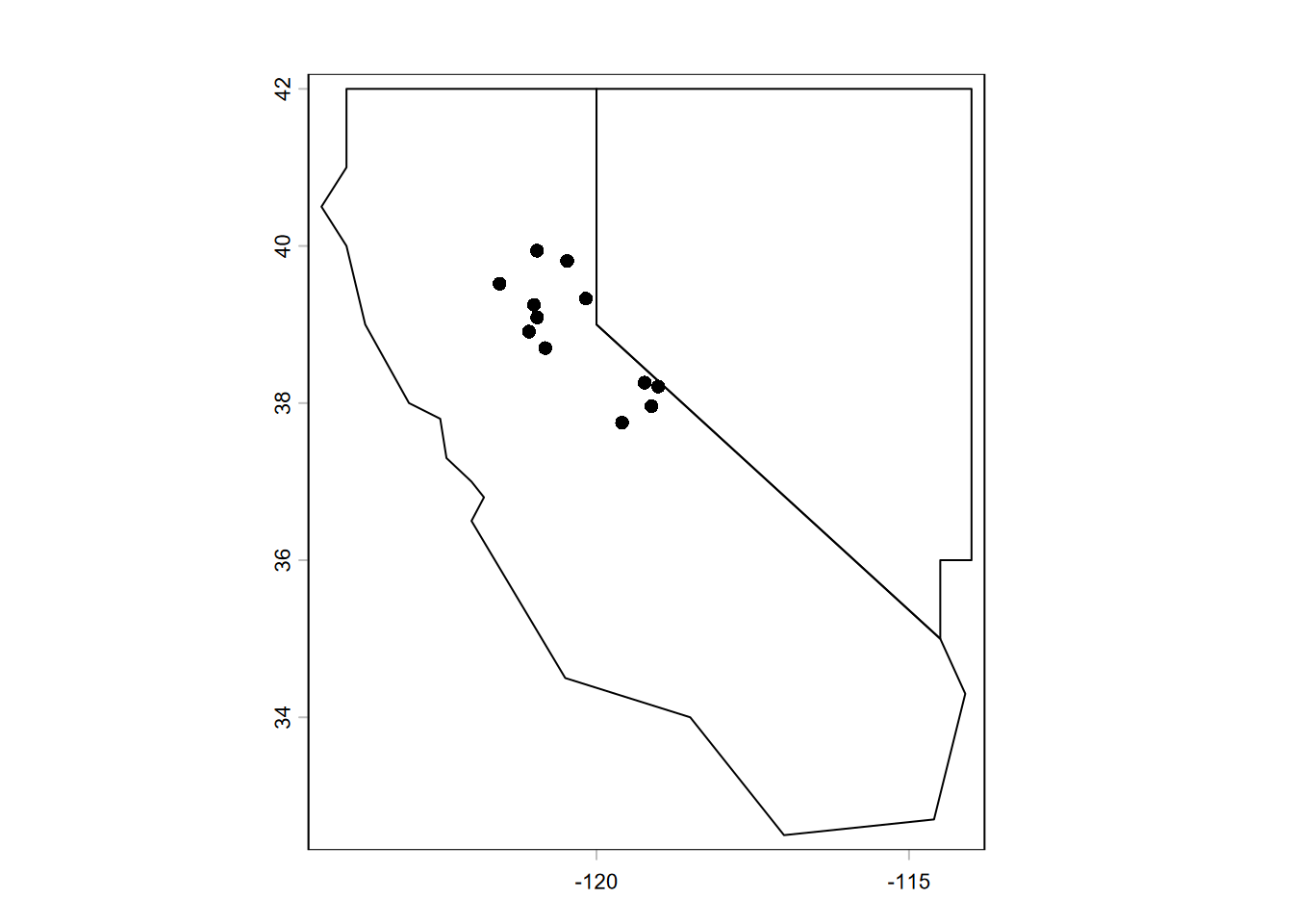 Base R plot of twostates and stations SpatVectors