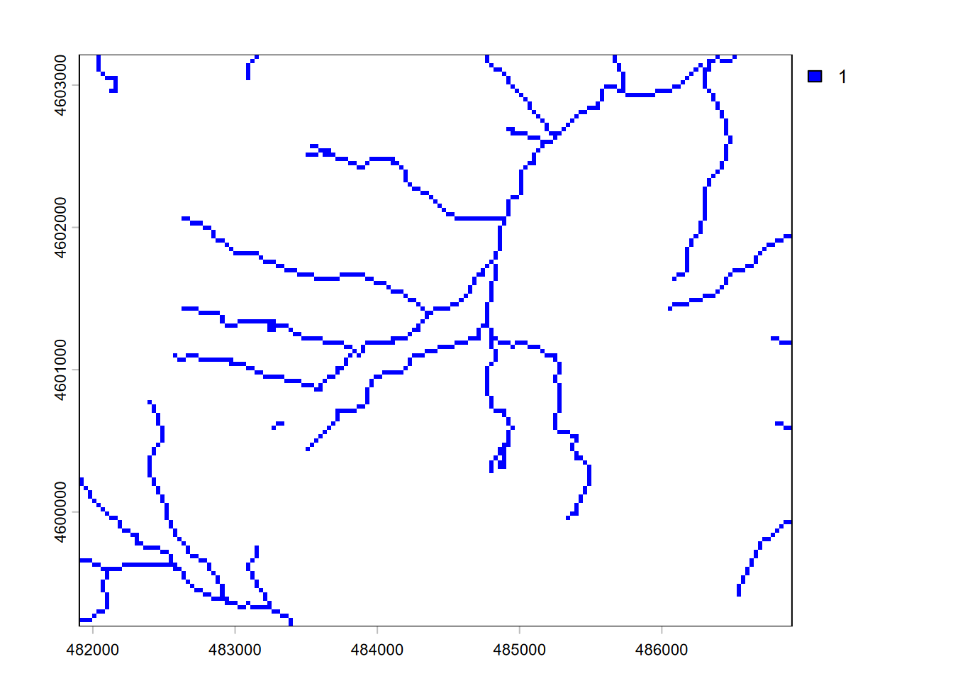 Stream raster converted from stream features, with 30 m cells from an elevation raster template