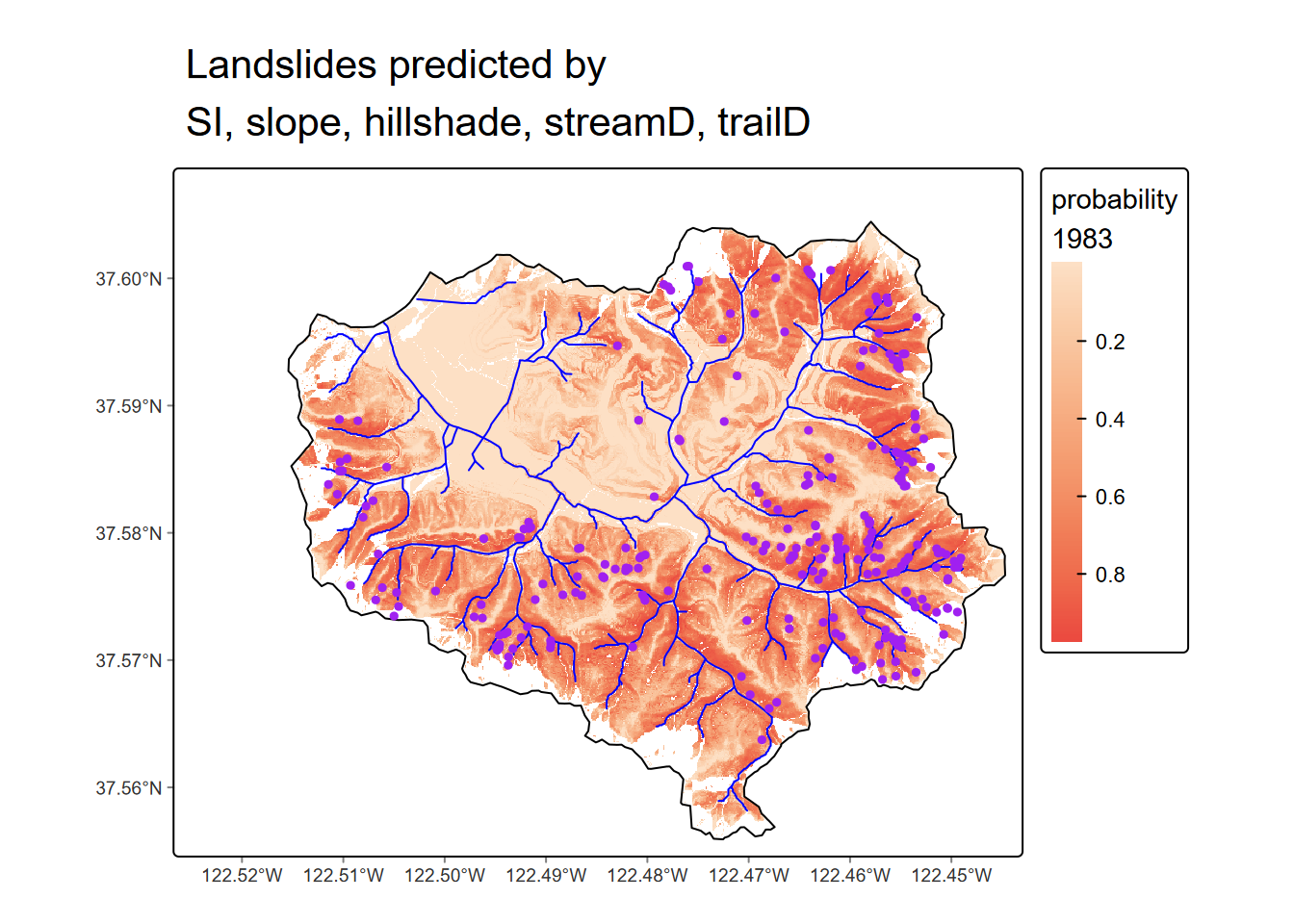 Logistic model prediction of 1983 landslide probability