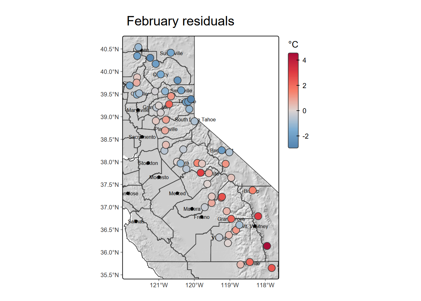 Residuals of temperature from model predictions by elevation