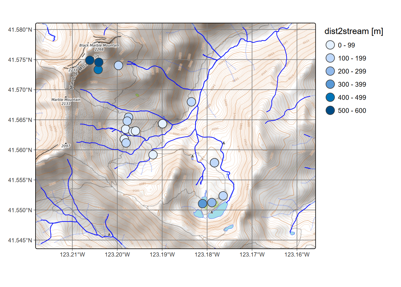 Distance from CO2 samples to closest streams (not including lakes)