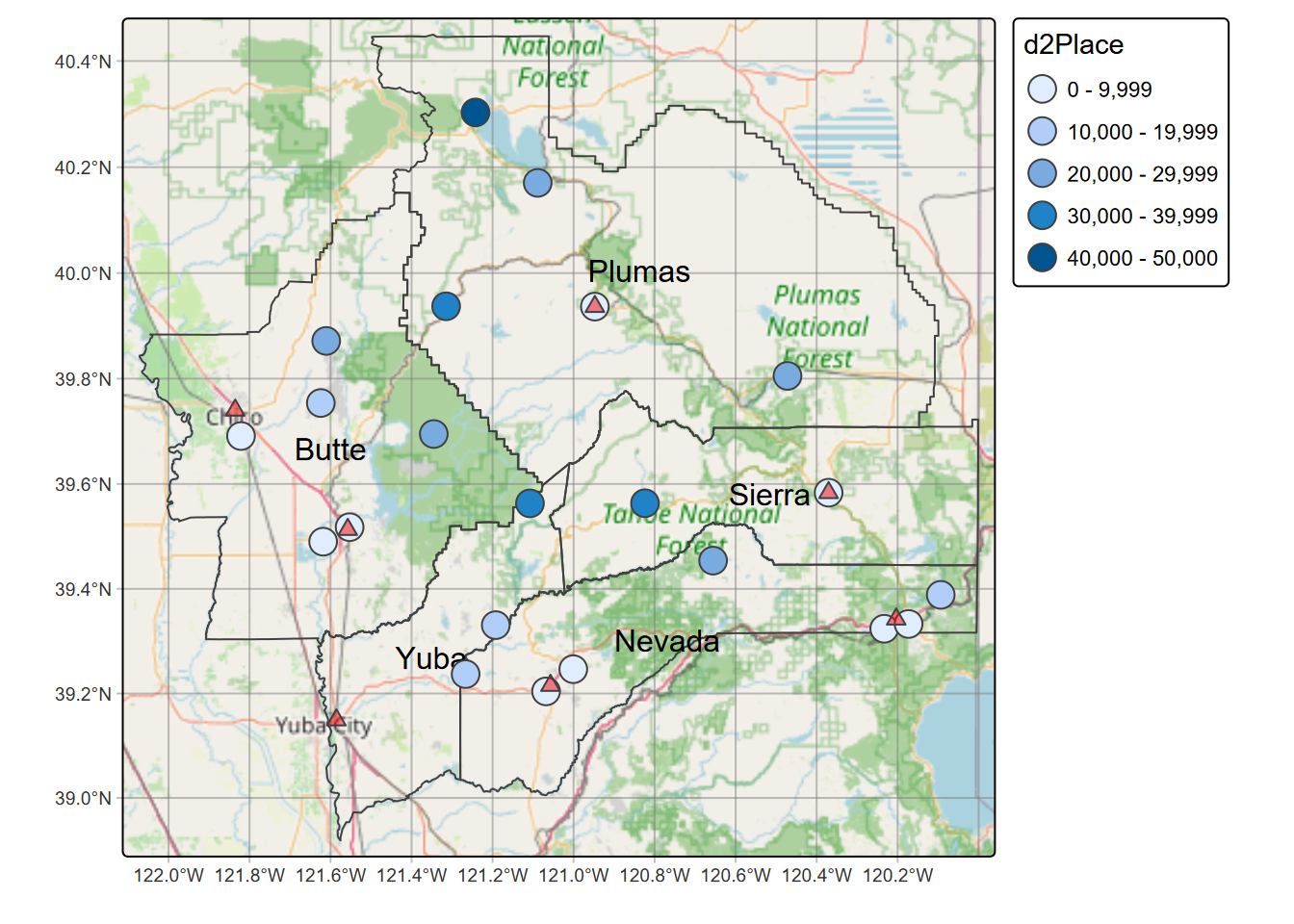 Distance to towns (places) from weather stations