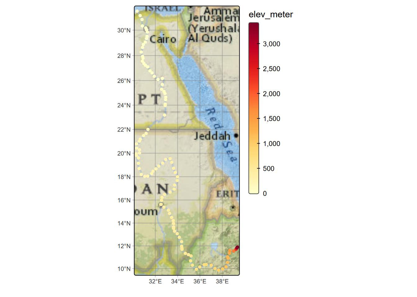 Nile River points, colored by channel slope