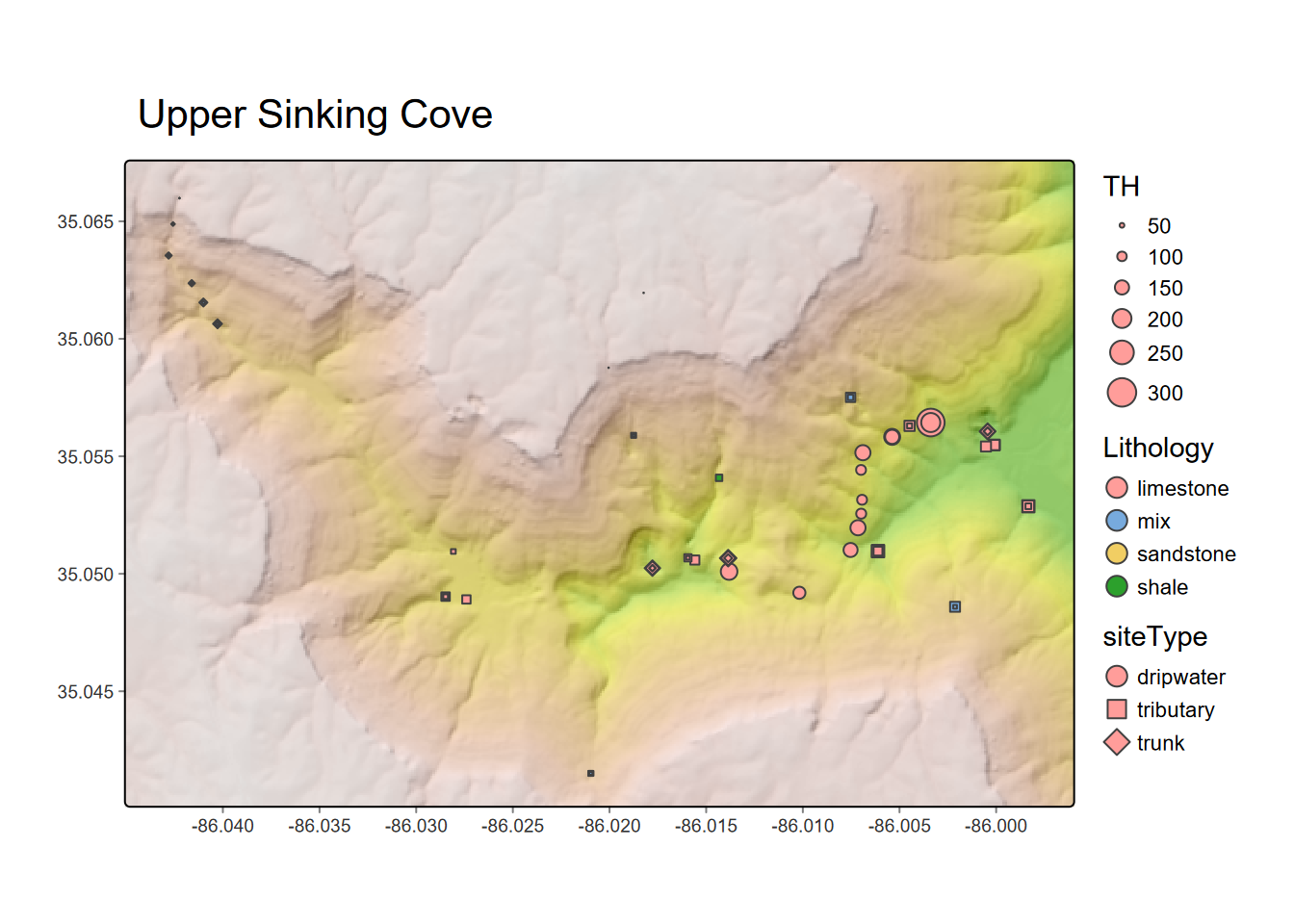 Total hardness from dissolved carbonates at water sampling sites in Upper Sinking Cove, TN